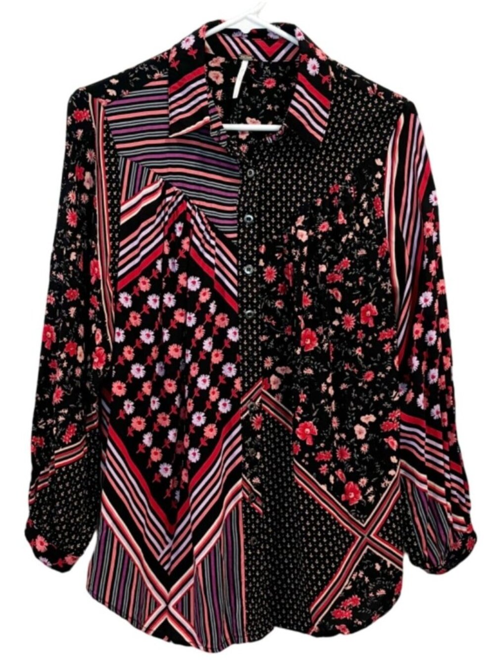 Free People Hazel Patchwork Shirt in Black Combo Size Small
